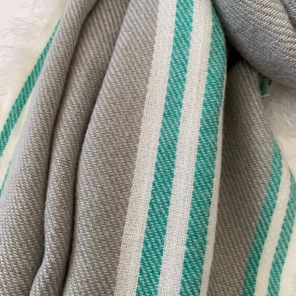 Striped Knit Long Wide Lightweight Fringe Scarf Gray Green White Cottagecore - Picture 9 of 13
